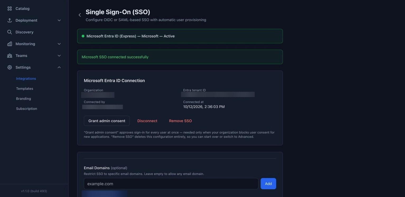 Microsoft SSO connected success message and card