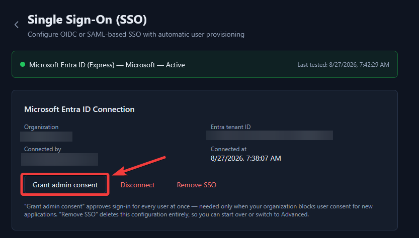 Admin consent granted confirmation message