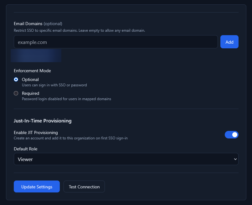 SSO settings below the connection card