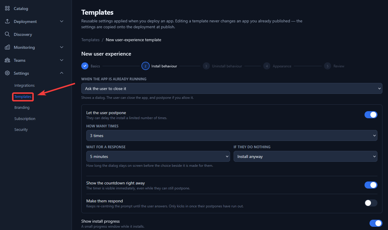 Install behavior settings for a User Experience template