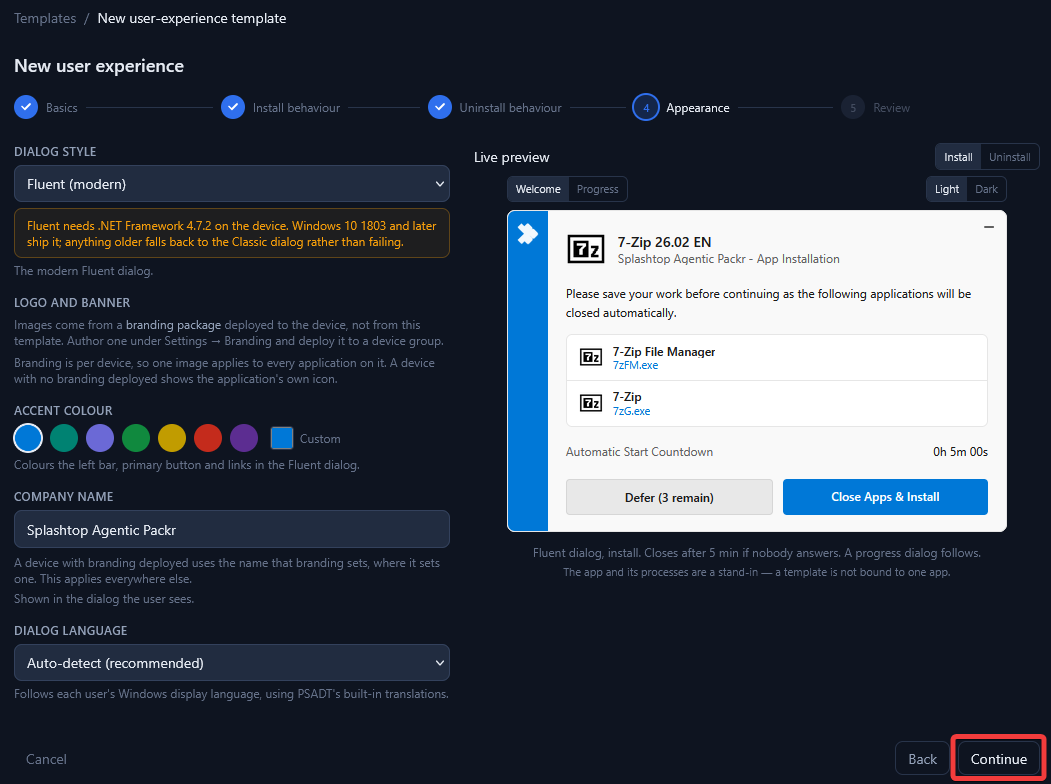Appearance settings with live dialog preview