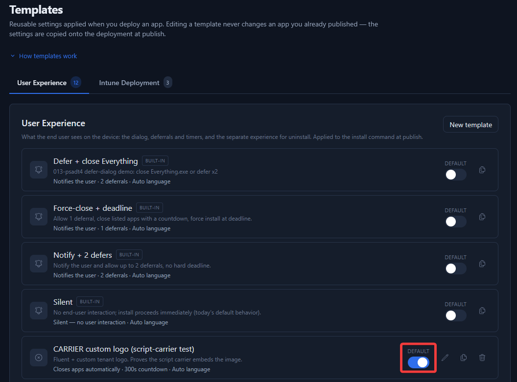 Default switch turned on next to a User Experience template