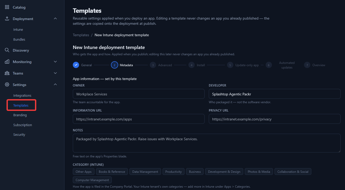 Metadata settings for an Intune Deployment template