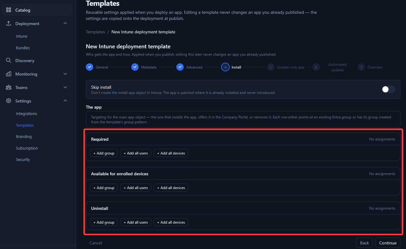 Install assignments for an Intune Deployment template