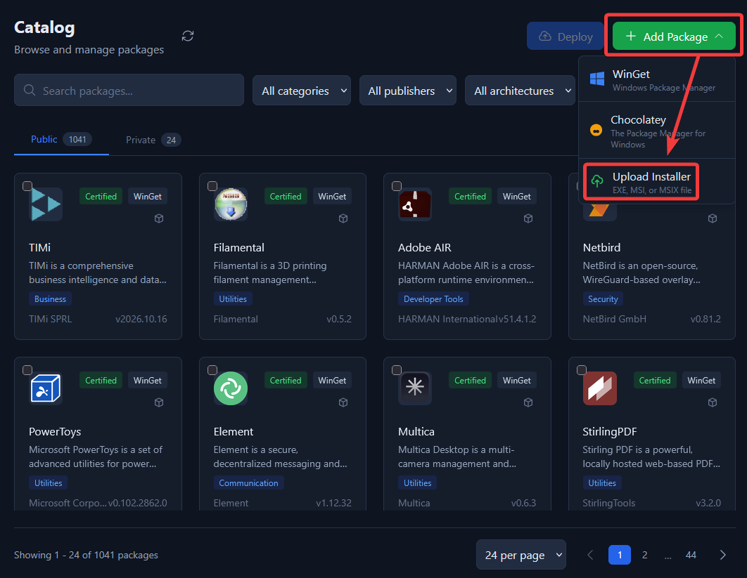 Add Package menu