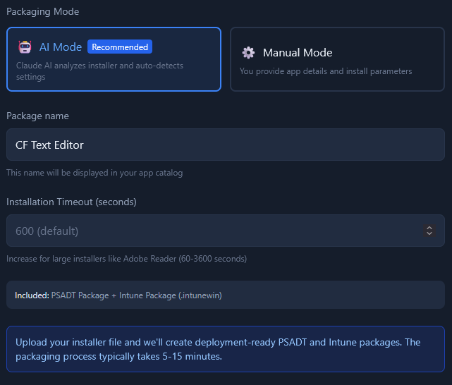 Upload dialog ready to start packaging