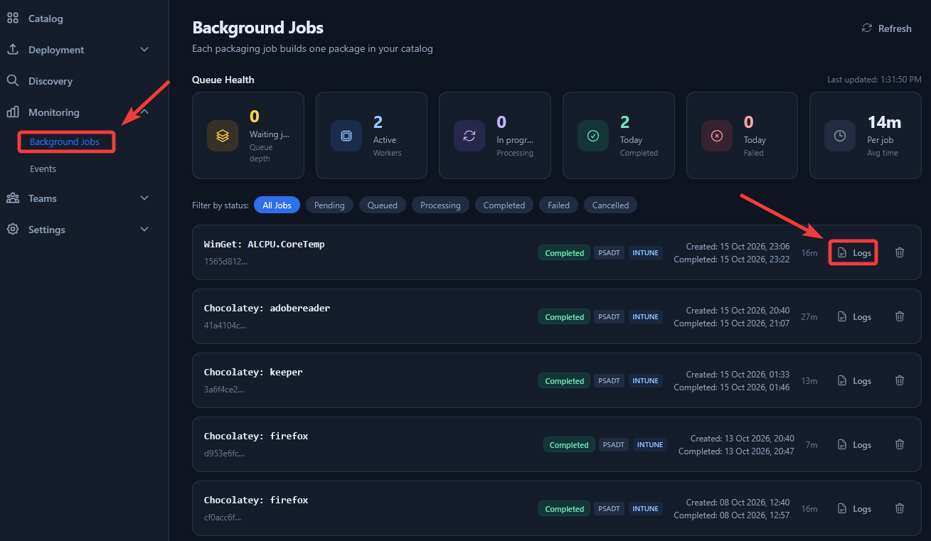 Background Jobs page
