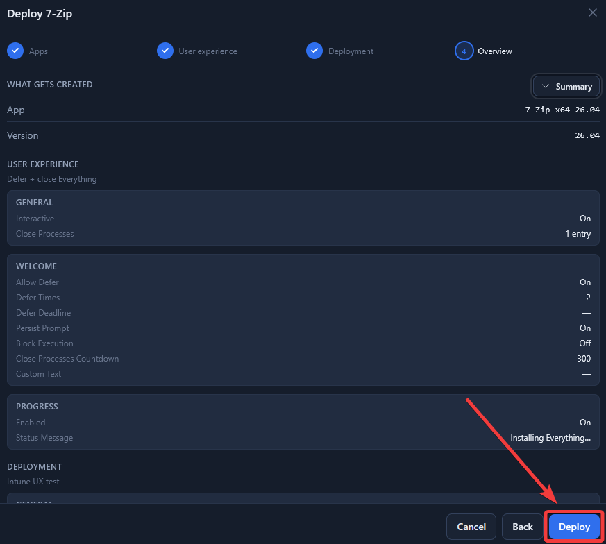 Deploy, Overview step with all settings expanded